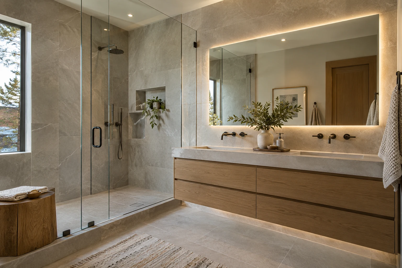 Bathroom design inspiration with stone tile and an oak vanity