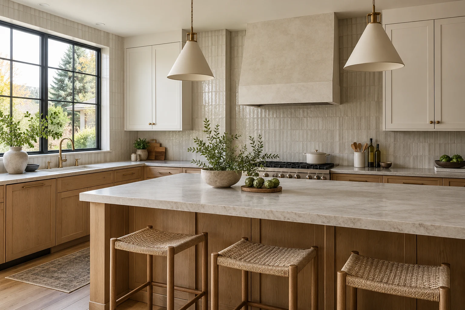 Kitchen with oak cabinetry and stone countertops